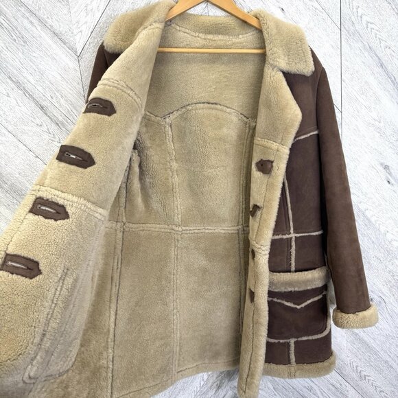 Vintage 70's Shearling Sheepskin Coat Womens Medium Brown Boho Hipster Ranch - Picture 10 of 12